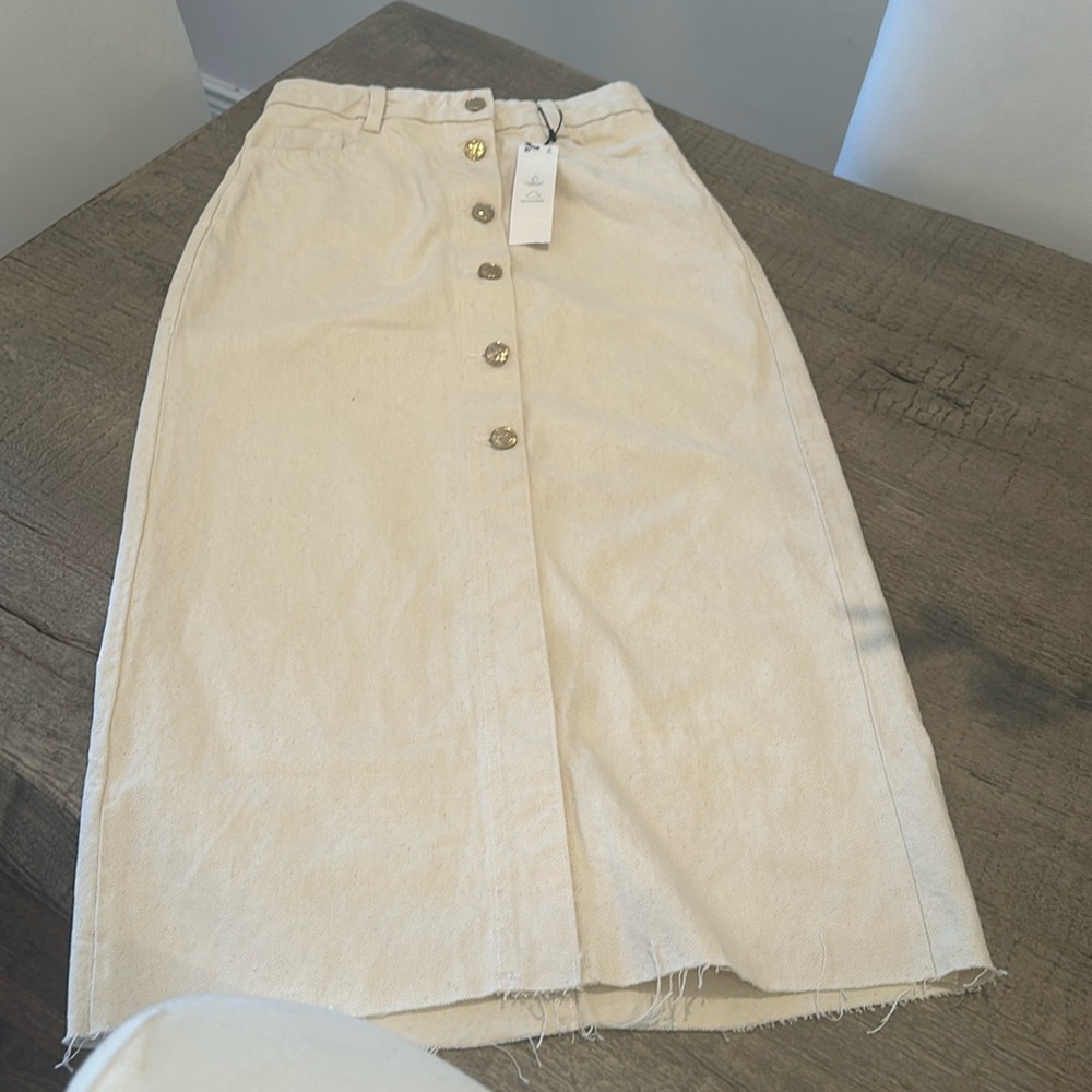 Ecru Cream Denim Midi Skirt with Buttons XS